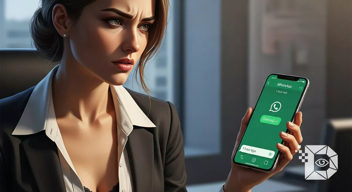 How to Delete WhatsApp Messages for Everyone After the Time Limit, digital art, cinematic lighting, high detail, Featuring an attractive woman (with emotions) in a stylish, low-collar office dress with bra, Google Discover friendly, authentic, natural, Likely human generated and optimized for high CTR on Google Discover, Text not add on photo